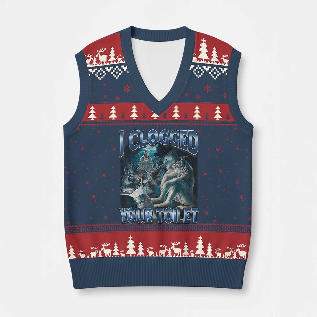 Alpha Wolf Meme V-Neck Knit Sweater Vest I Clogged Your Toilet Funny Unhinged Stupid Brainrot TS10 Navy Red Print Your Wear