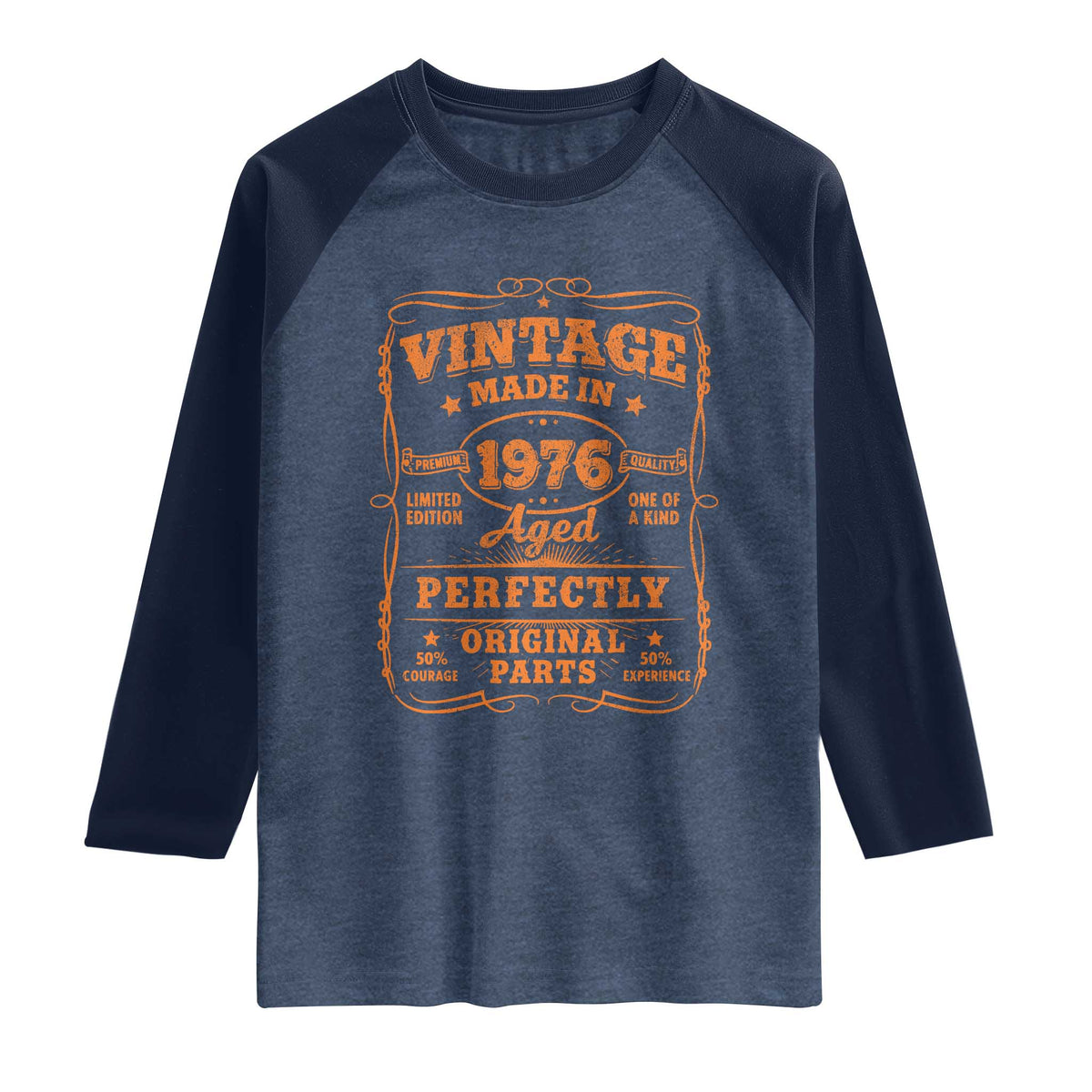 Vintage 50 Birthday Raglan Shirt 50yr 1976 50th Birthday TS10 Heather Denim Navy Print Your Wear