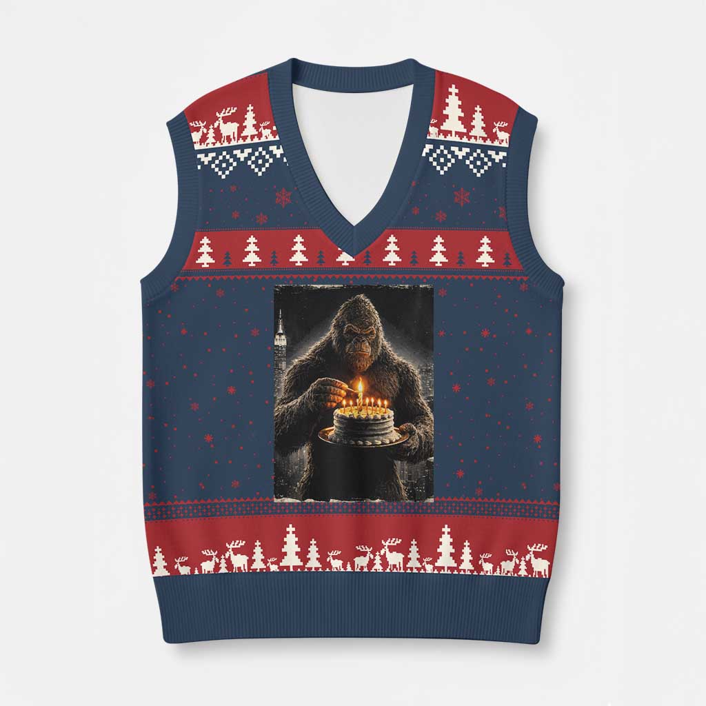 Funny Birthday Bigfoot V-Neck Knit Sweater Vest Sasquatsch Bday Party Vintage Graphic Japanese Art TS10 Navy Red Print Your Wear