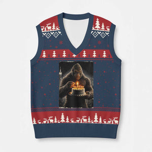 Funny Birthday Bigfoot V-Neck Knit Sweater Vest Sasquatsch Bday Party Vintage Graphic Japanese Art TS10 Navy Red Print Your Wear