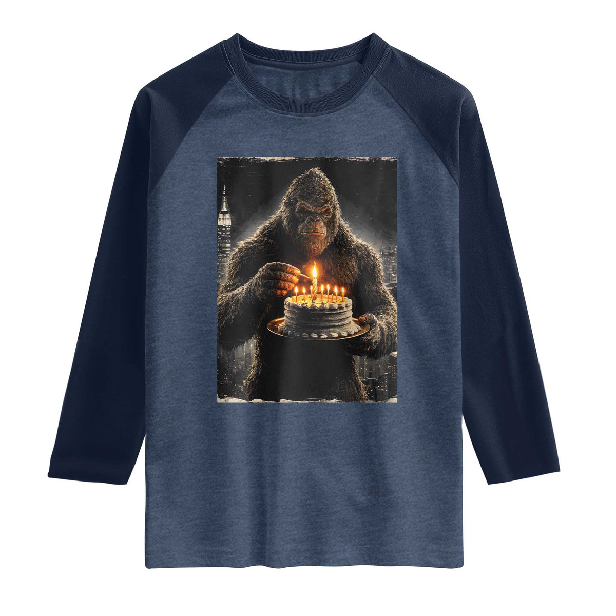 Funny Birthday Bigfoot Raglan Shirt Sasquatsch Bday Party Vintage Graphic Japanese Art TS10 Heather Denim Navy Print Your Wear