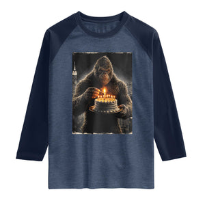 Funny Birthday Bigfoot Raglan Shirt Sasquatsch Bday Party Vintage Graphic Japanese Art TS10 Heather Denim Navy Print Your Wear