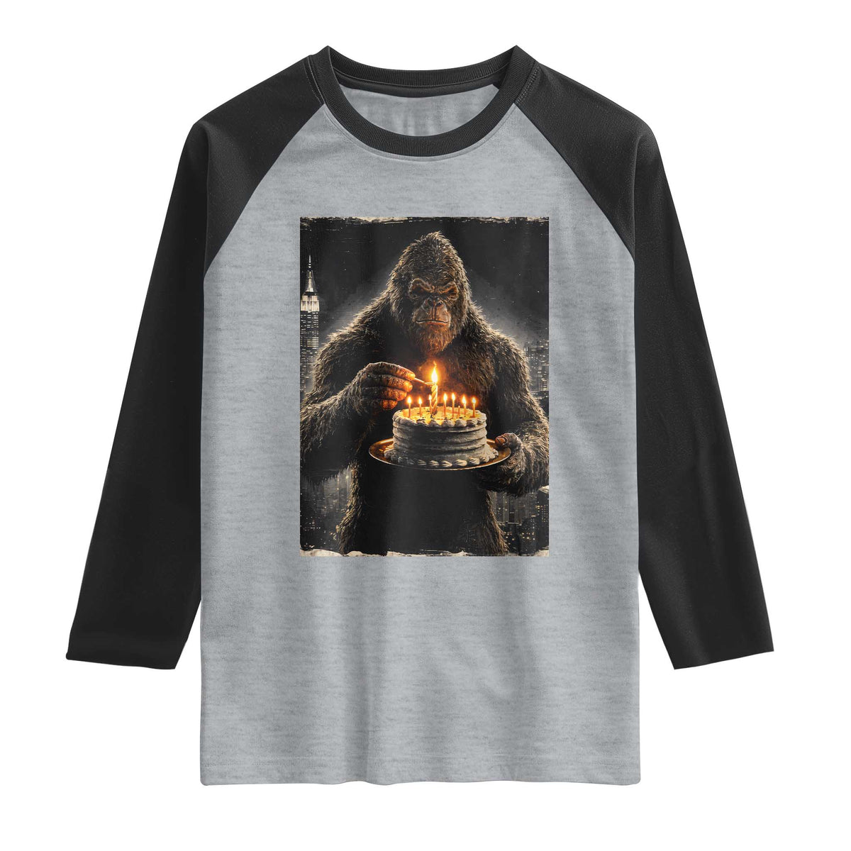 Funny Birthday Bigfoot Raglan Shirt Sasquatsch Bday Party Vintage Graphic Japanese Art TS10 Heather Gray Black Print Your Wear