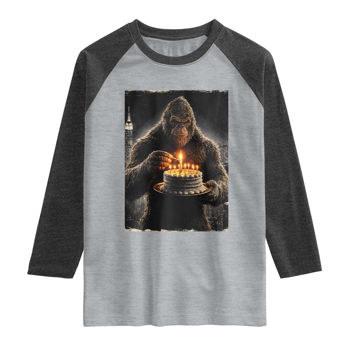Funny Birthday Bigfoot Raglan Shirt Sasquatsch Bday Party Vintage Graphic Japanese Art TS10 Heather Gray Heather Charcoal Print Your Wear