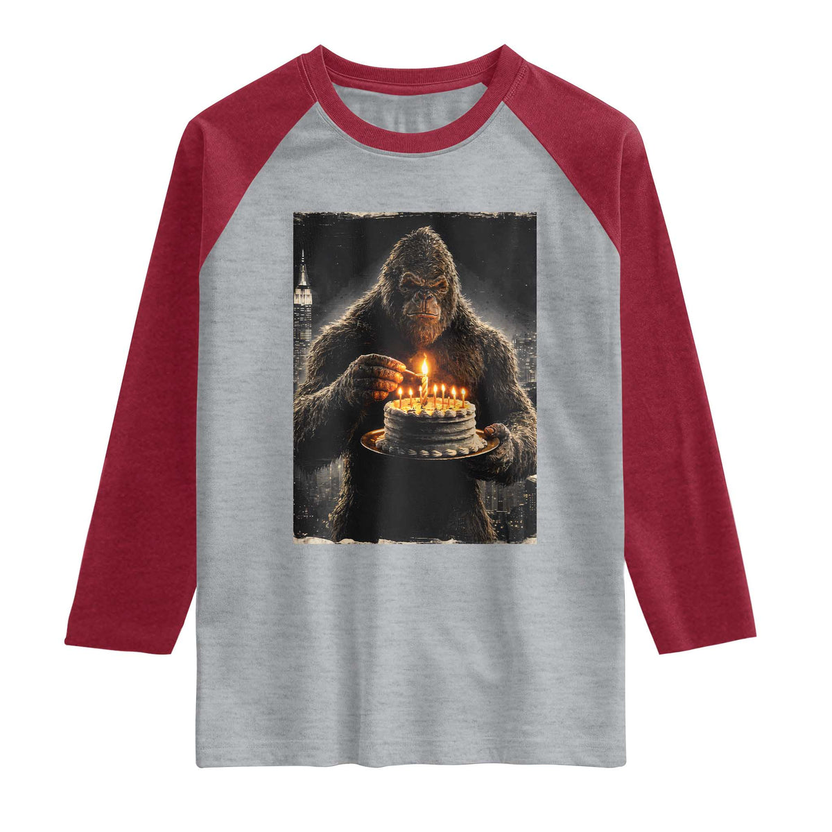Funny Birthday Bigfoot Raglan Shirt Sasquatsch Bday Party Vintage Graphic Japanese Art TS10 Heather Gray Heather Red Print Your Wear