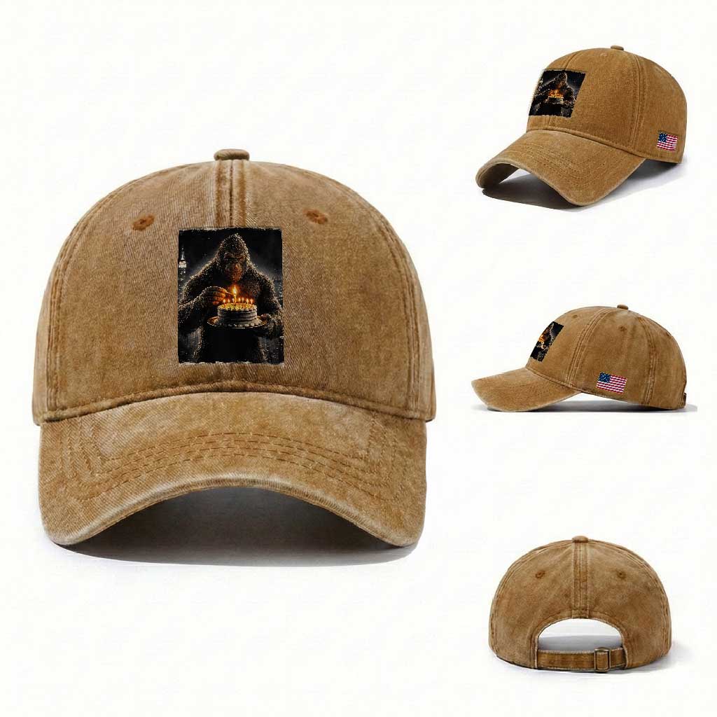 Funny Birthday Bigfoot Washed Cotton Baseball Cap Sasquatsch Bday Party Vintage Graphic Japanese Art TS10 Washed Cap Universal Fit Yellow Ochre Print Your Wear