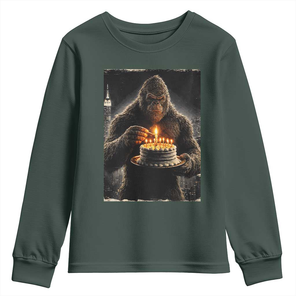 Funny Birthday Bigfoot Youth Sweatshirt Sasquatsch Bday Party Vintage Graphic Japanese Art TS10 Dark Forest Green Print Your Wear