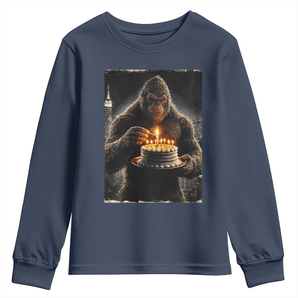 Funny Birthday Bigfoot Youth Sweatshirt Sasquatsch Bday Party Vintage Graphic Japanese Art TS10 Navy Print Your Wear