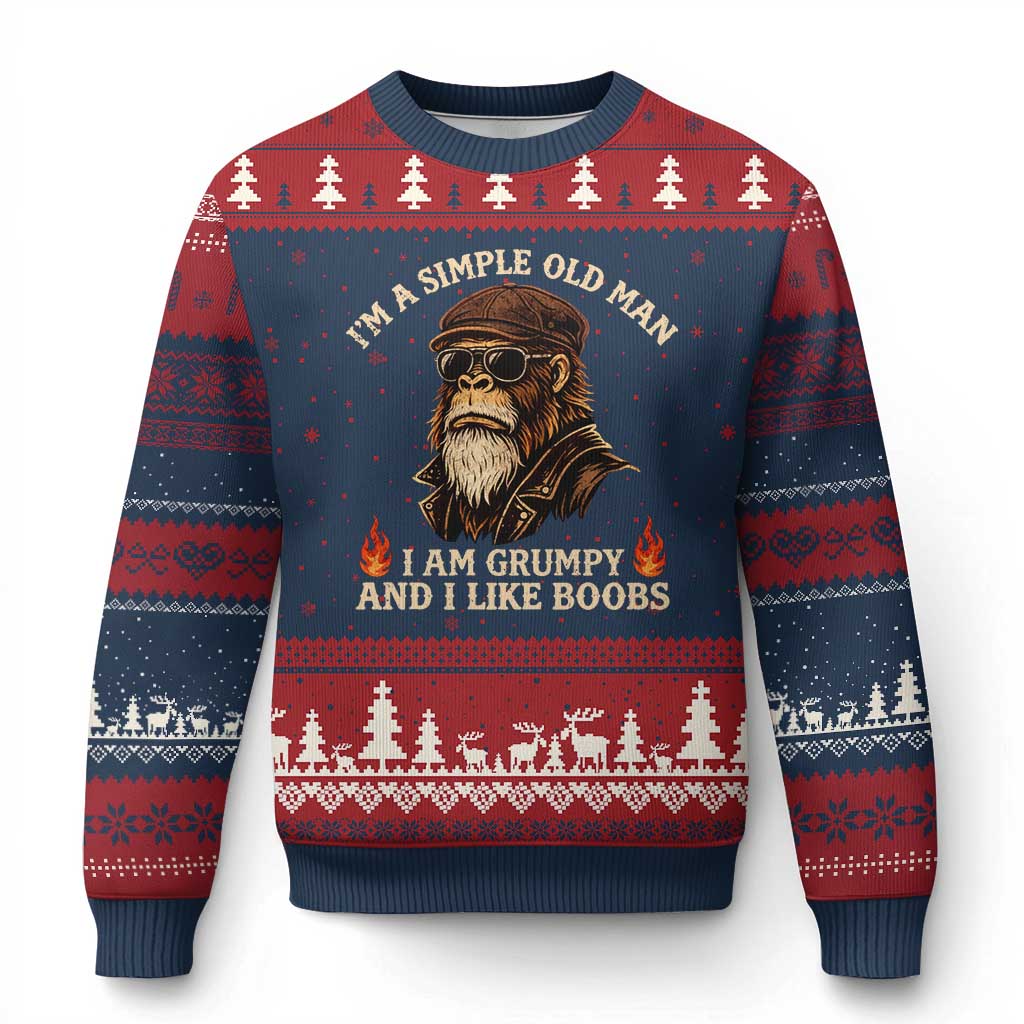 Funny Man Saying Ugly Christmas Sweater Im A Simple Old Man I Am Grumpy And Like Boobs Bigfoot Gag Gift TS10 Navy Red Print Your Wear