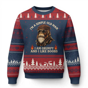 Funny Man Saying Ugly Christmas Sweater Im A Simple Old Man I Am Grumpy And Like Boobs Bigfoot Gag Gift TS10 Navy Red Print Your Wear