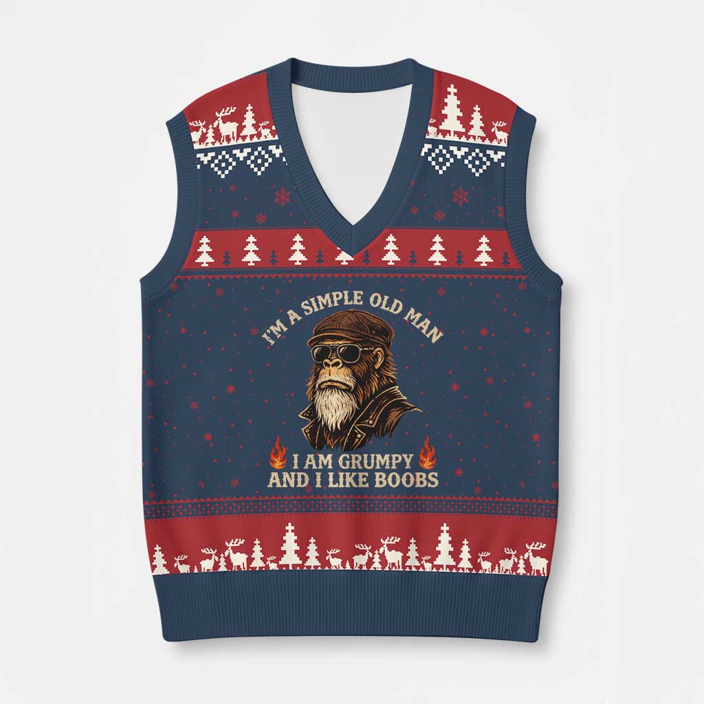 Funny Man Saying V-Neck Knit Sweater Vest Im A Simple Old Man I Am Grumpy And Like Boobs Bigfoot Gag Gift TS10 Navy Red Print Your Wear