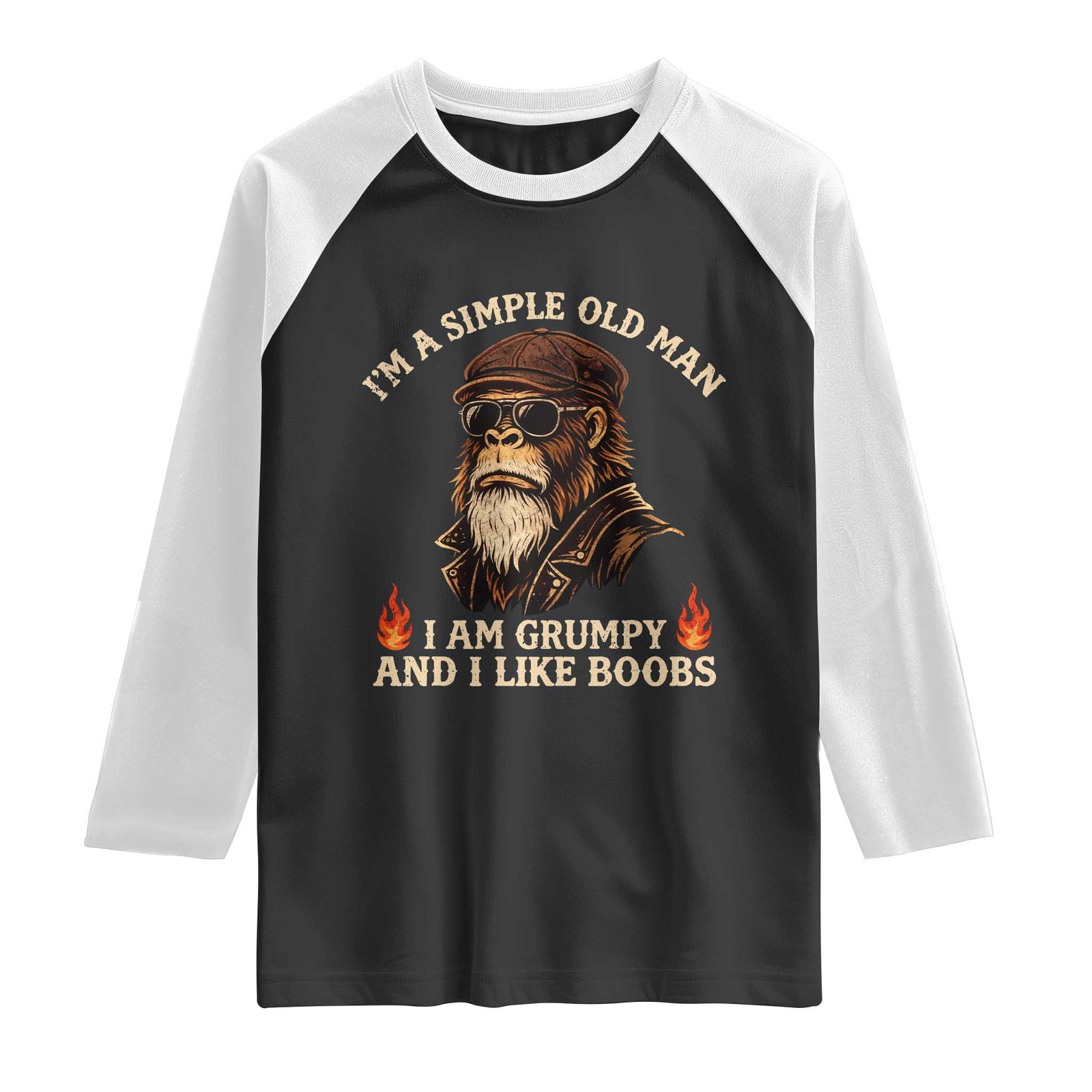 Funny Man Saying Raglan Shirt Im A Simple Old Man I Am Grumpy And Like Boobs Bigfoot Gag Gift TS10 Black White Print Your Wear