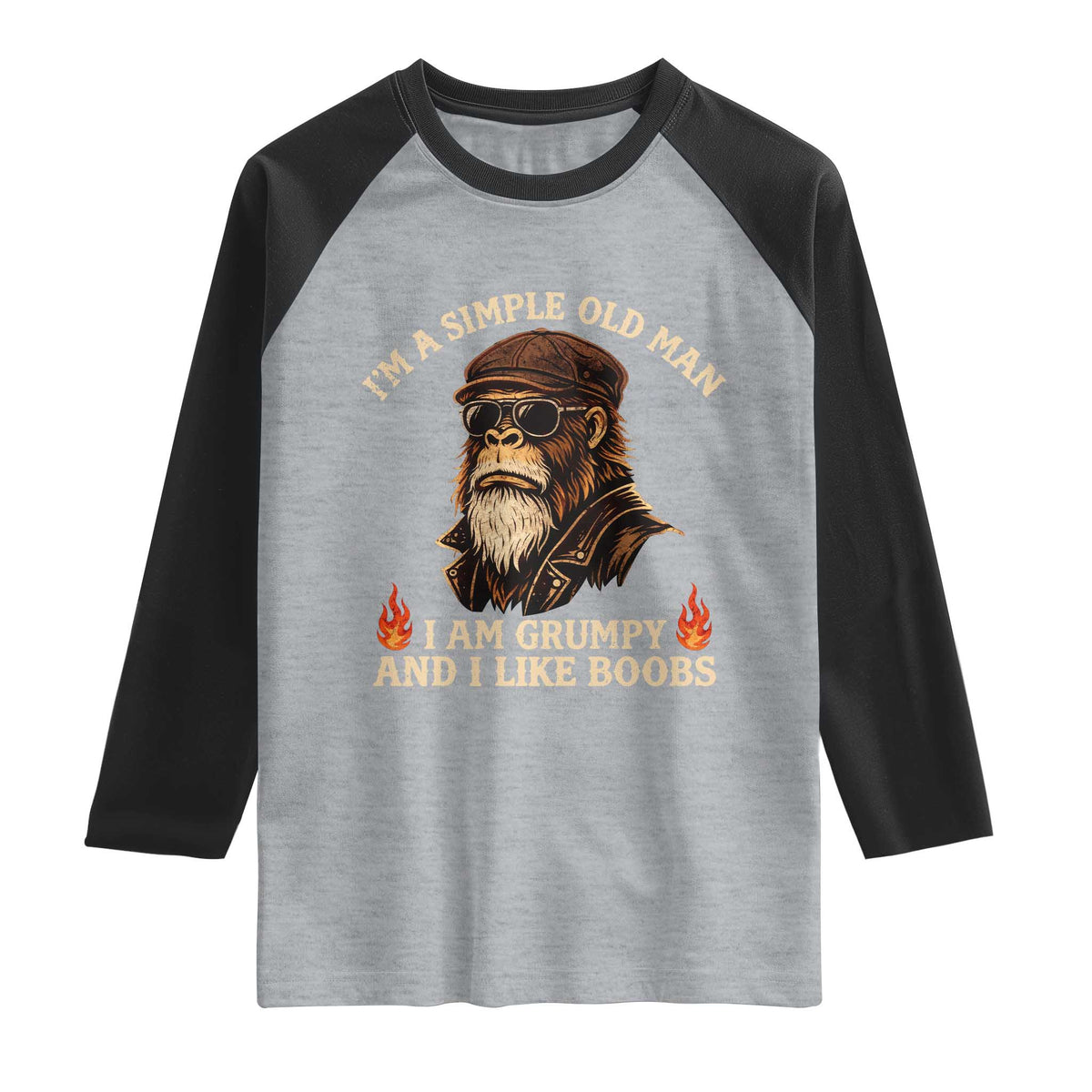 Funny Man Saying Raglan Shirt Im A Simple Old Man I Am Grumpy And Like Boobs Bigfoot Gag Gift TS10 Heather Gray Black Print Your Wear