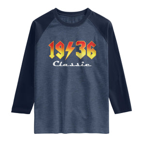 90th Birthday Raglan Shirt Classic Born 1936 Turning 90 Year Old TS10 Heather Denim Navy Print Your Wear