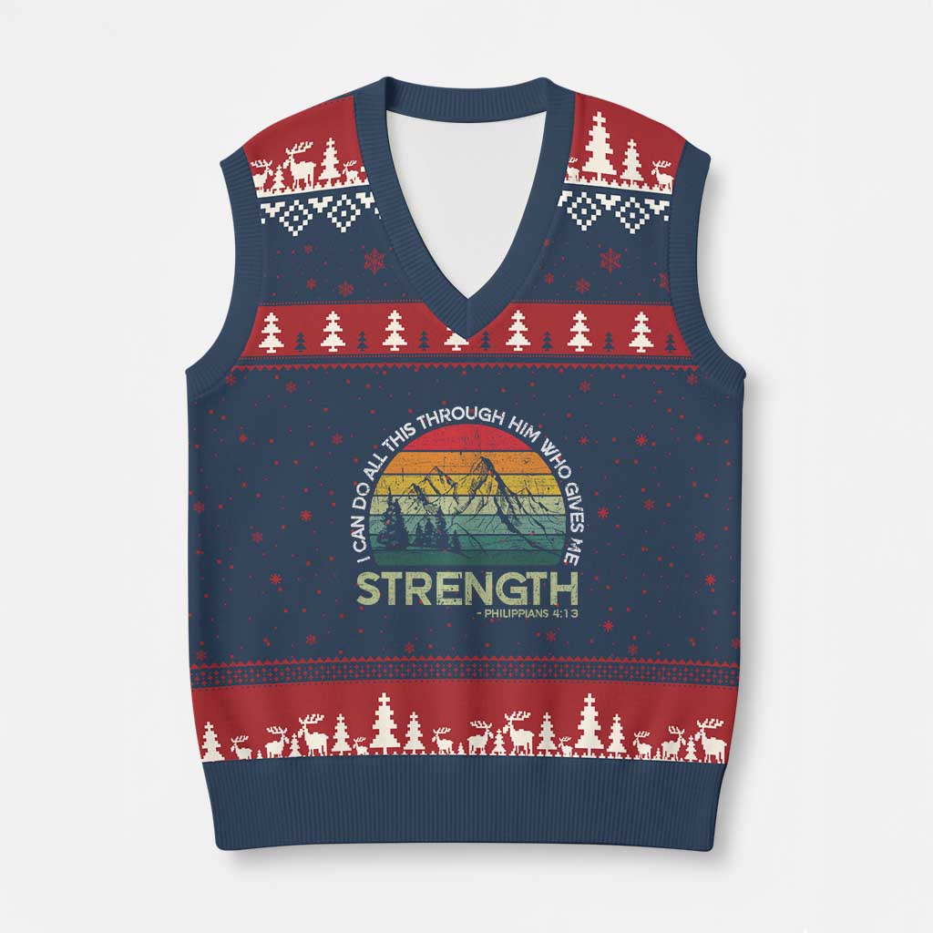 Vintage Christian Bible V-Neck Knit Sweater Vest Philippians 4:13 Motivational Quote Inspirational Bible Verses TS10 Navy Red Print Your Wear