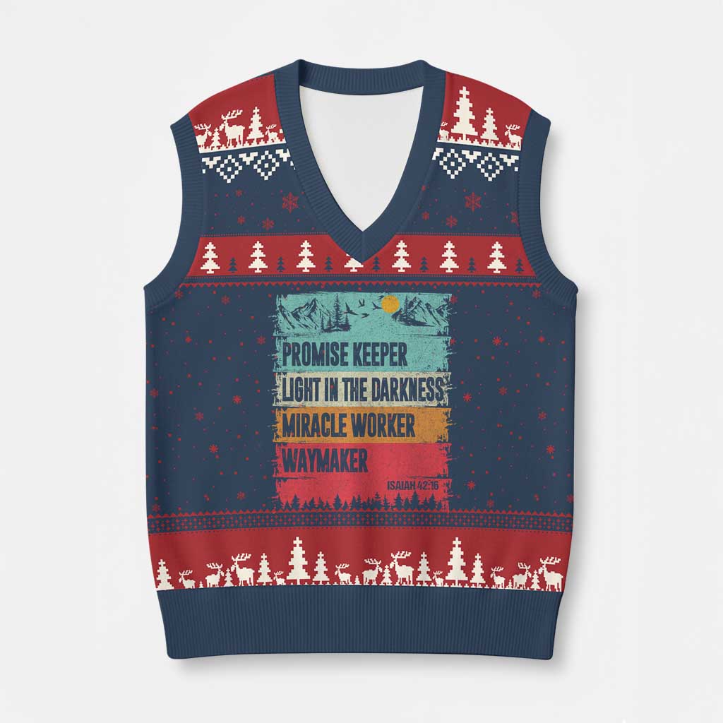 Vintage Christian Worship V-Neck Knit Sweater Vest Isaiah 42:16 Waymaker Promise Keeper Miracle Worker TS10 Navy Red Print Your Wear