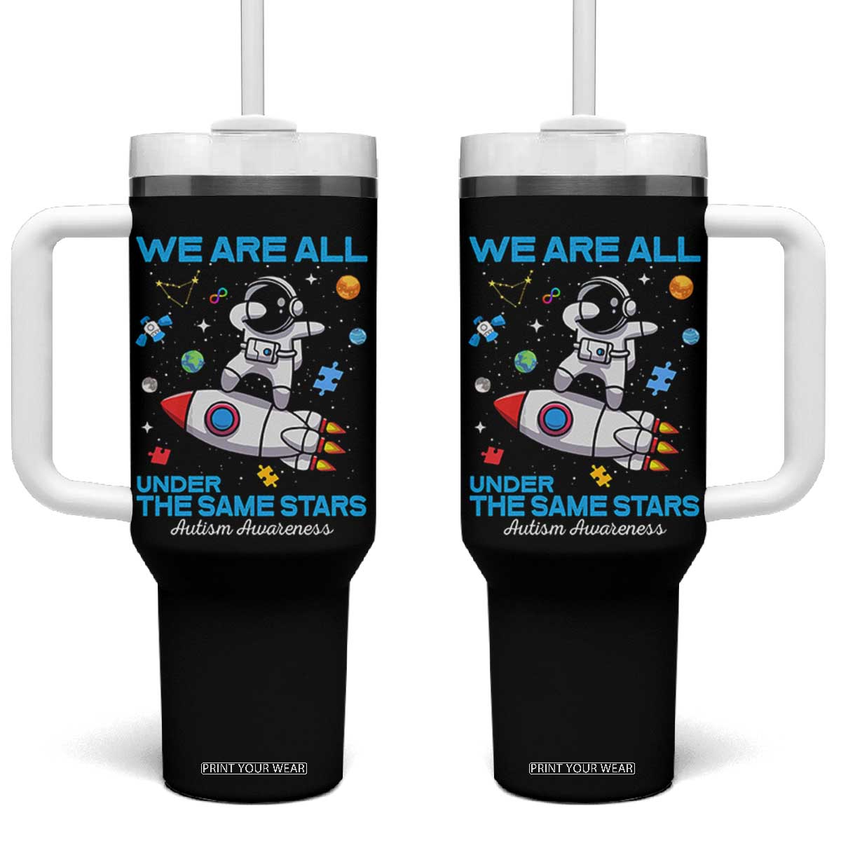 Autism Acceptance Tumbler With Handle We Are All Under The Same Stars TS10 One Size: 40 oz Black Print Your Wear