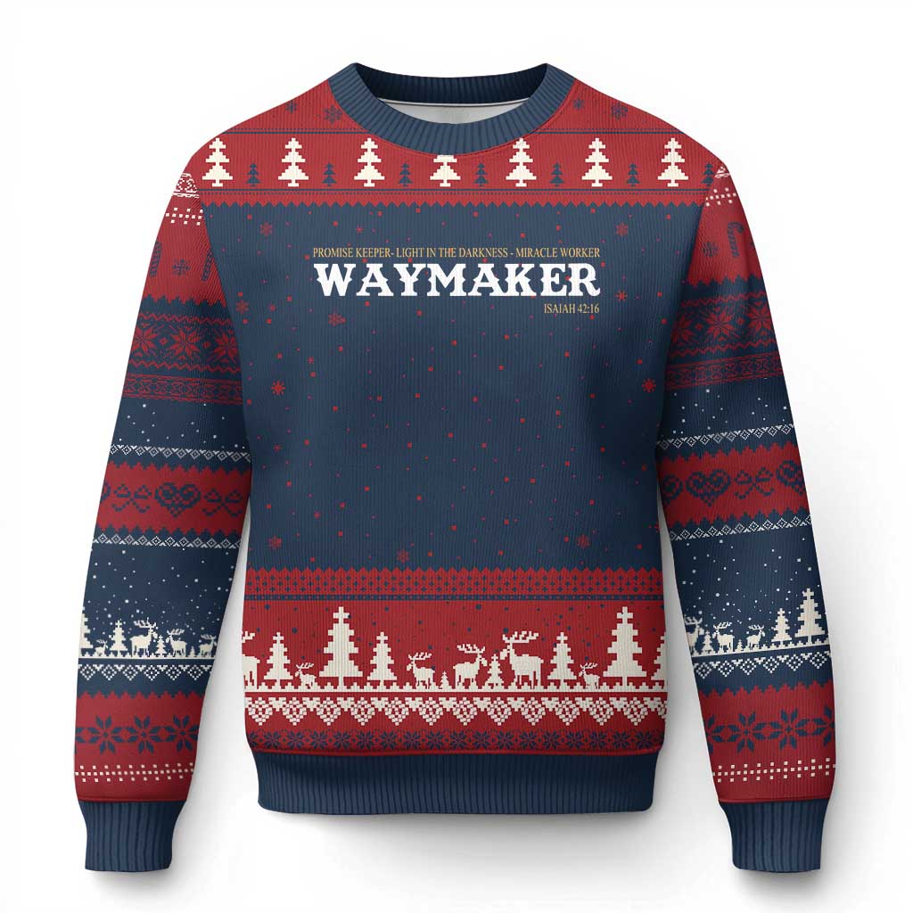 Christian Worship Ugly Christmas Sweater Isaiah 42:16 Waymaker Promise Keeper Miracle Worker TS10 Navy Red Print Your Wear