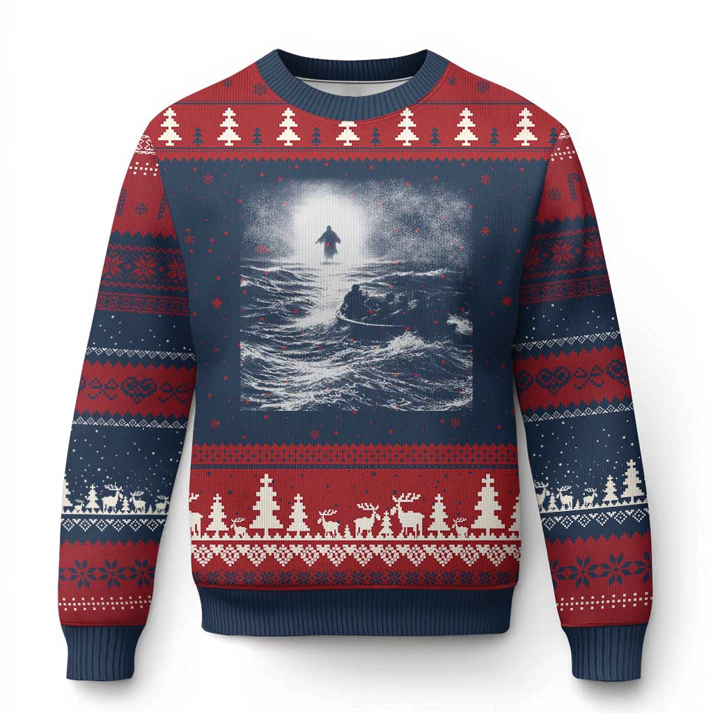 Christian Faith Ugly Christmas Sweater Walk On Water Distressed Bible Verse TS10 Navy Red Print Your Wear