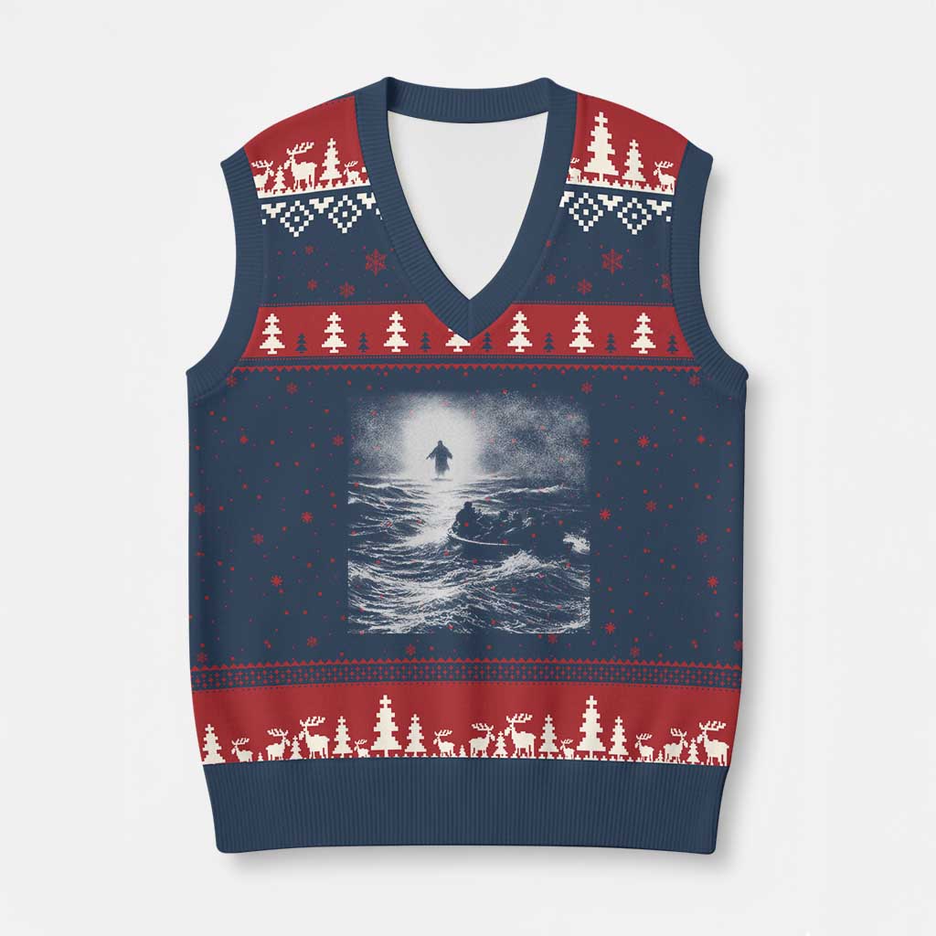 Christian Faith V-Neck Knit Sweater Vest Walk On Water Distressed Bible Verse TS10 Navy Red Print Your Wear