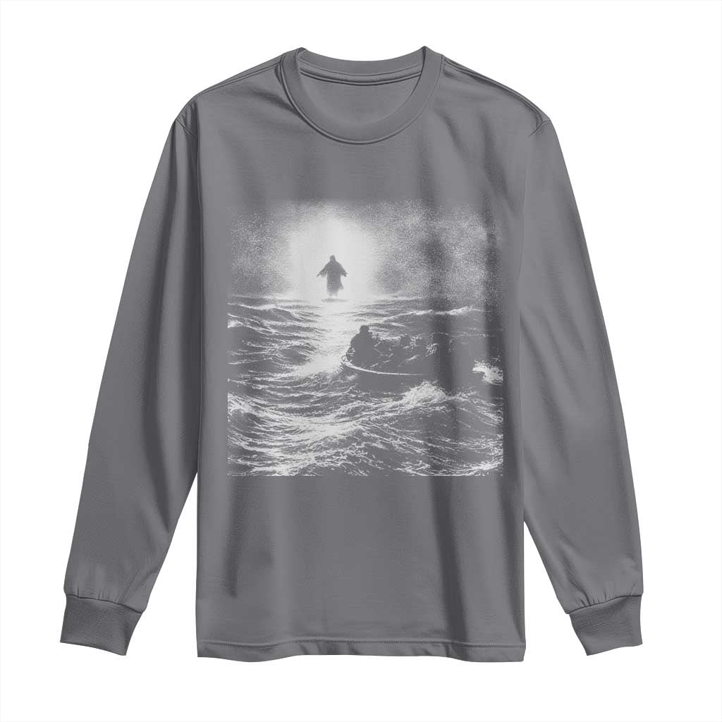 Christian Faith Long Sleeve Shirt Walk On Water Distressed Bible Verse TS10 Charcoal Print Your Wear