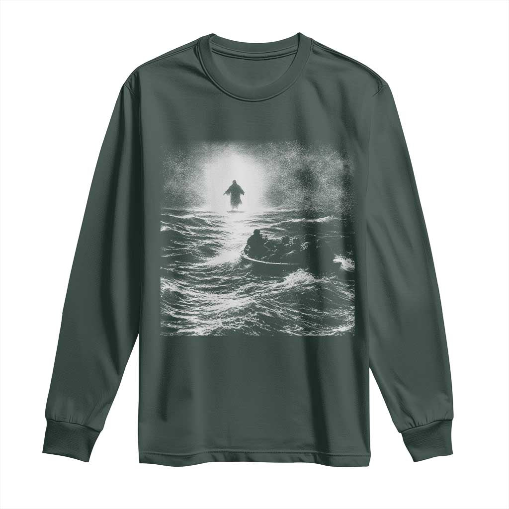 Christian Faith Long Sleeve Shirt Walk On Water Distressed Bible Verse TS10 Dark Forest Green Print Your Wear