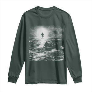 Christian Faith Long Sleeve Shirt Walk On Water Distressed Bible Verse TS10 Dark Forest Green Print Your Wear