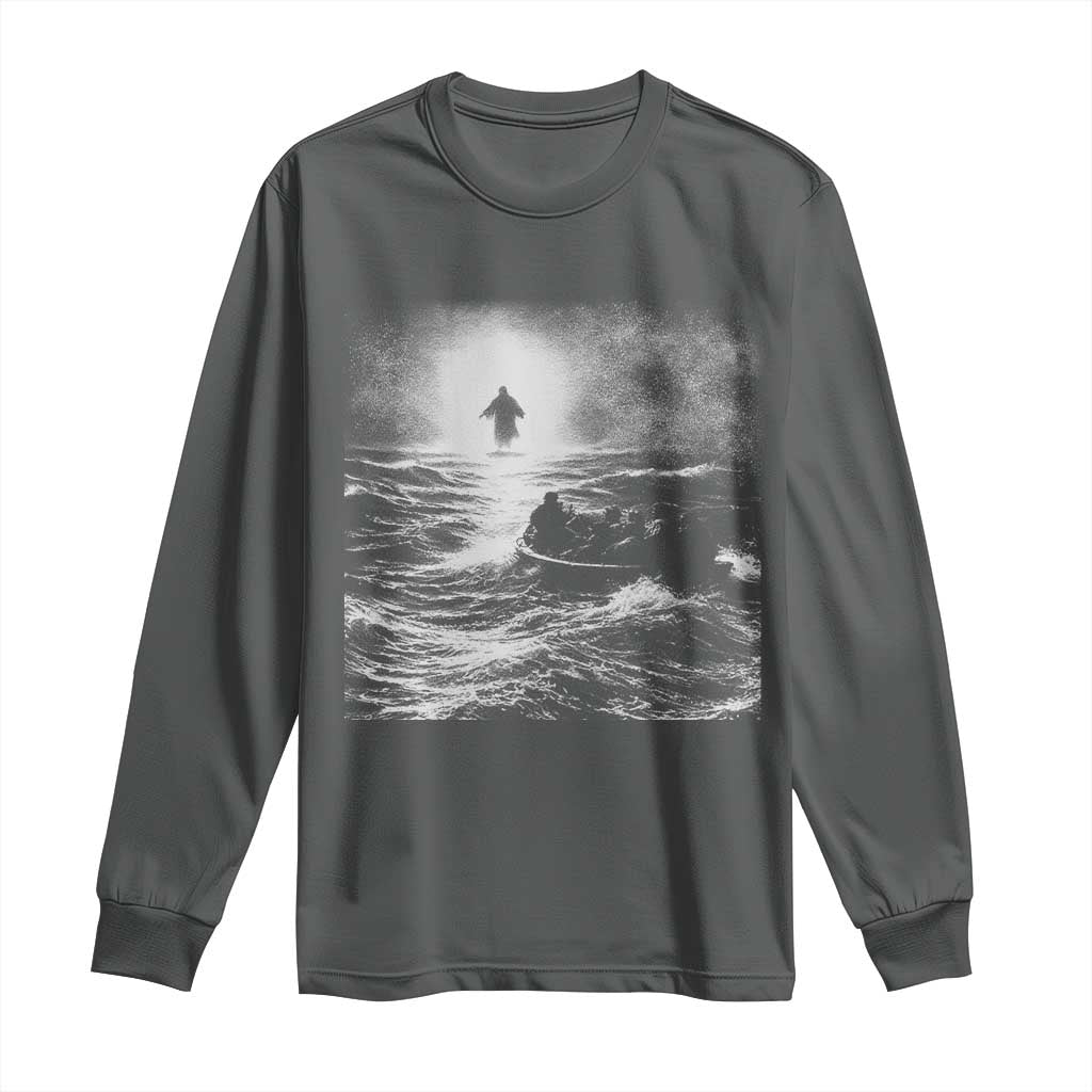 Christian Faith Long Sleeve Shirt Walk On Water Distressed Bible Verse TS10 Dark Heather Print Your Wear