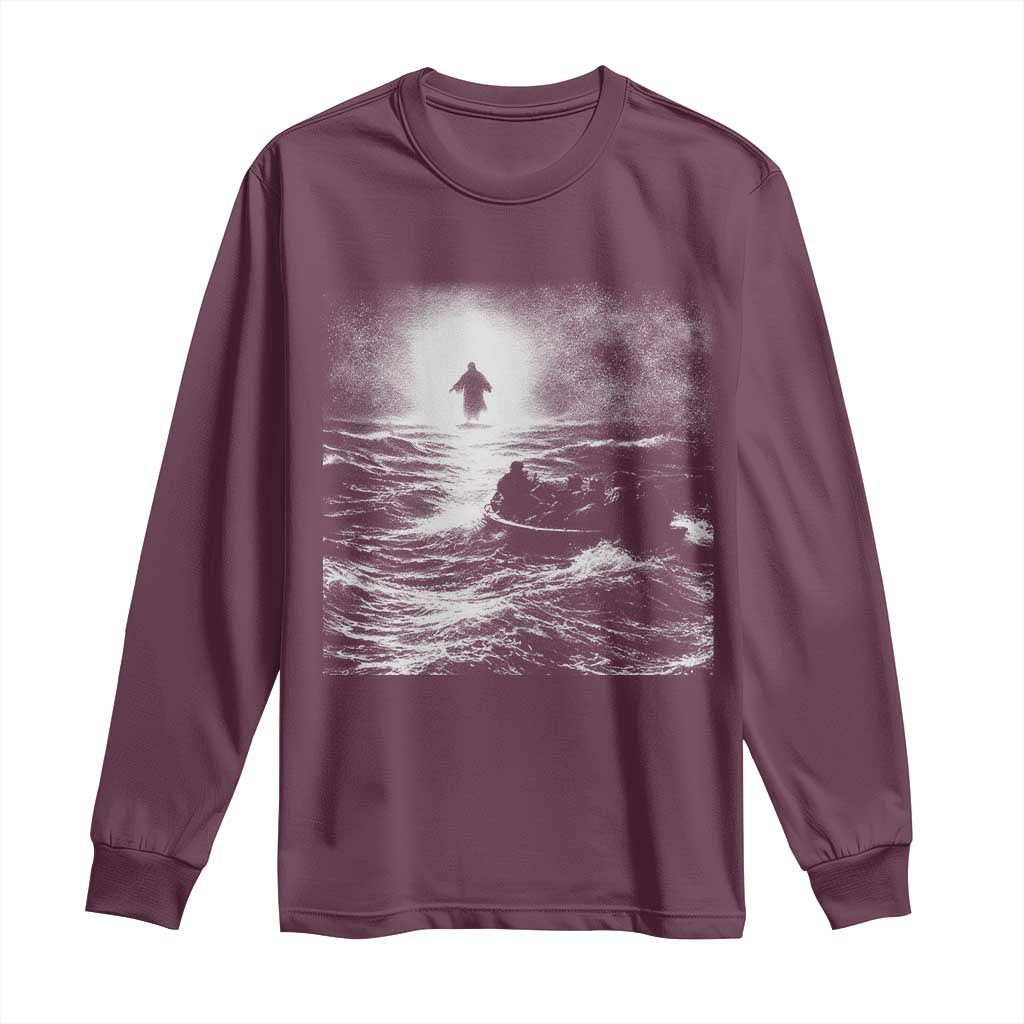 Christian Faith Long Sleeve Shirt Walk On Water Distressed Bible Verse TS10 Maroon Print Your Wear