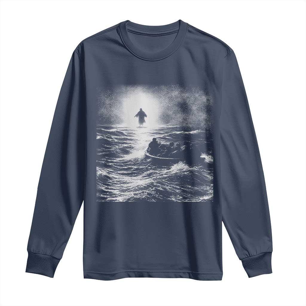 Christian Faith Long Sleeve Shirt Walk On Water Distressed Bible Verse TS10 Navy Print Your Wear