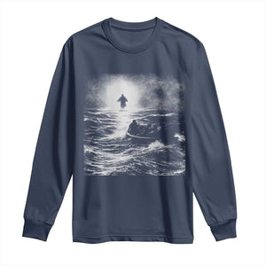 Christian Faith Long Sleeve Shirt Walk On Water Distressed Bible Verse TS10 Navy Print Your Wear