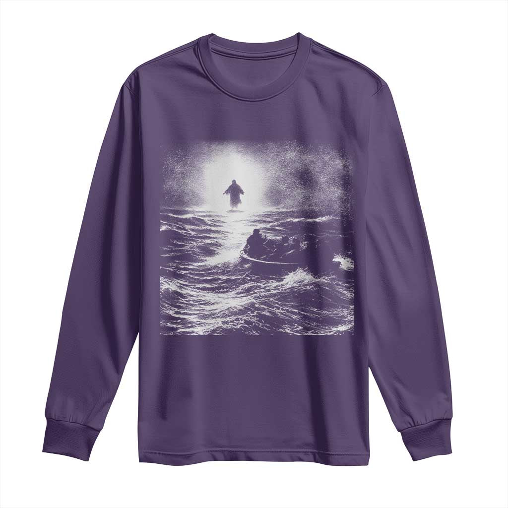 Christian Faith Long Sleeve Shirt Walk On Water Distressed Bible Verse TS10 Purple Print Your Wear