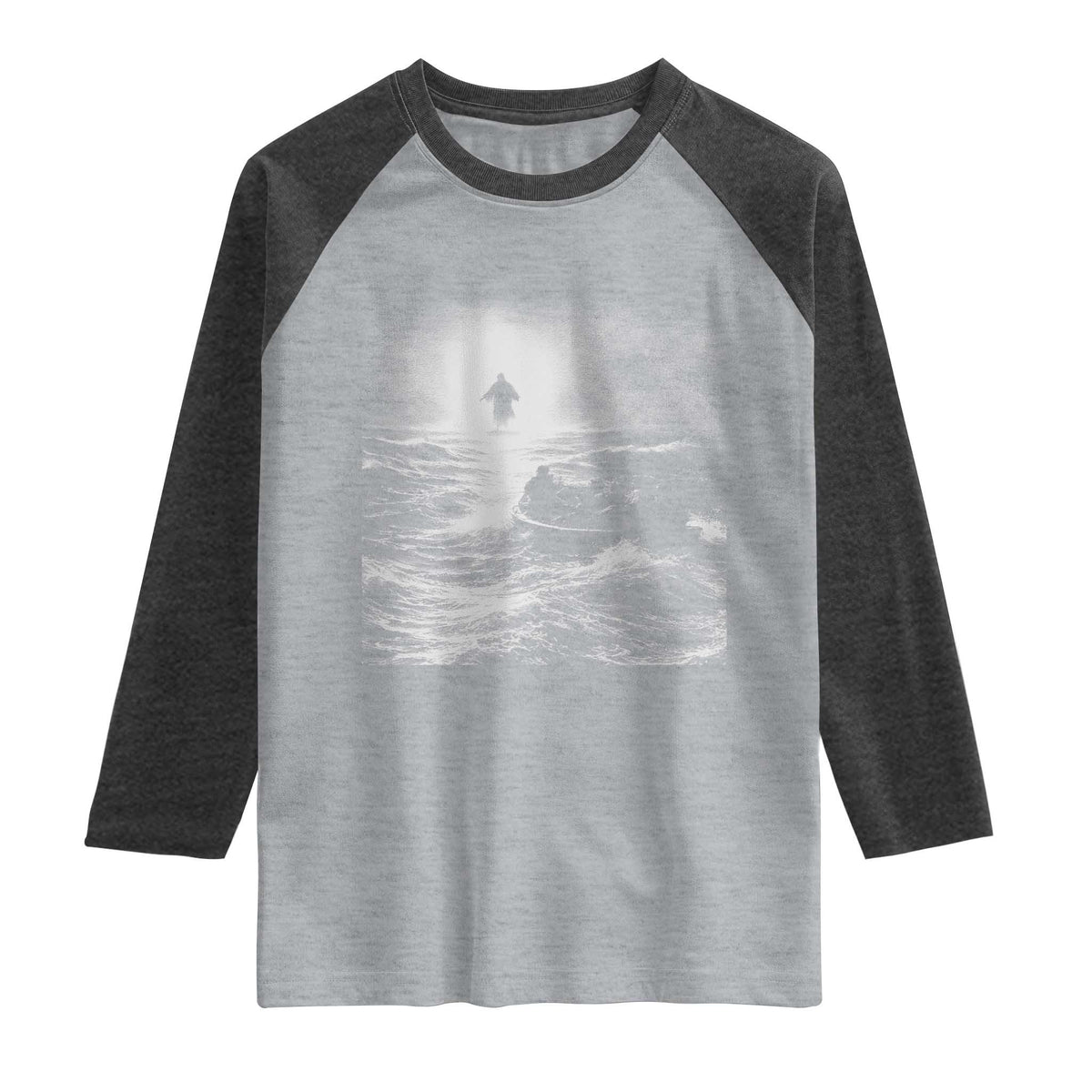 Christian Faith Raglan Shirt Walk On Water Distressed Bible Verse TS10 Heather Gray Heather Charcoal Print Your Wear