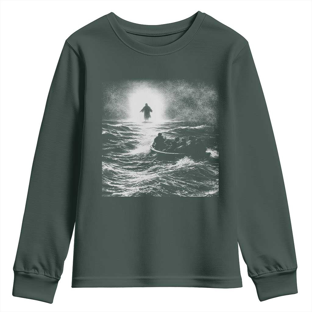 Christian Faith Youth Sweatshirt Walk On Water Distressed Bible Verse TS10 Dark Forest Green Print Your Wear