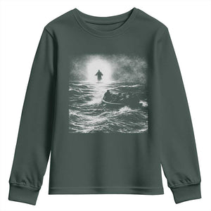 Christian Faith Youth Sweatshirt Walk On Water Distressed Bible Verse TS10 Dark Forest Green Print Your Wear