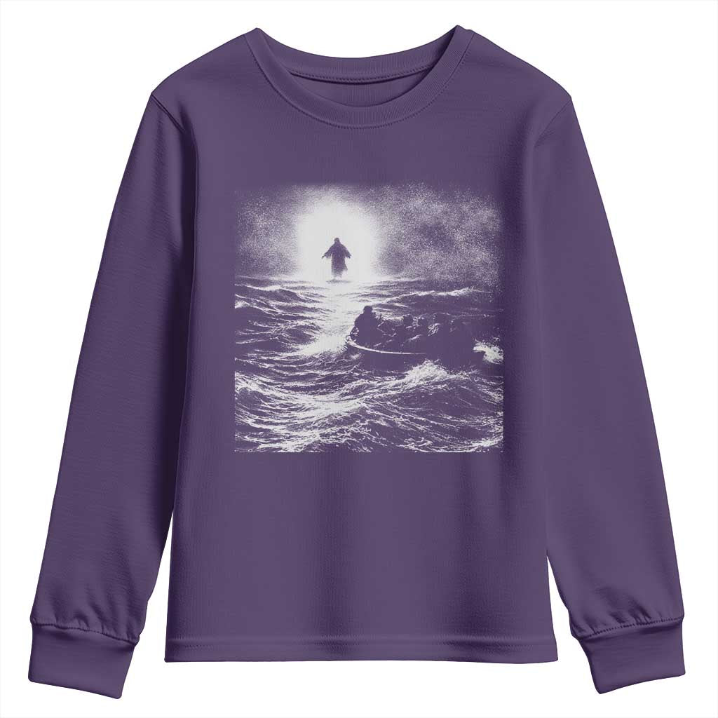 Christian Faith Youth Sweatshirt Walk On Water Distressed Bible Verse TS10 Purple Print Your Wear