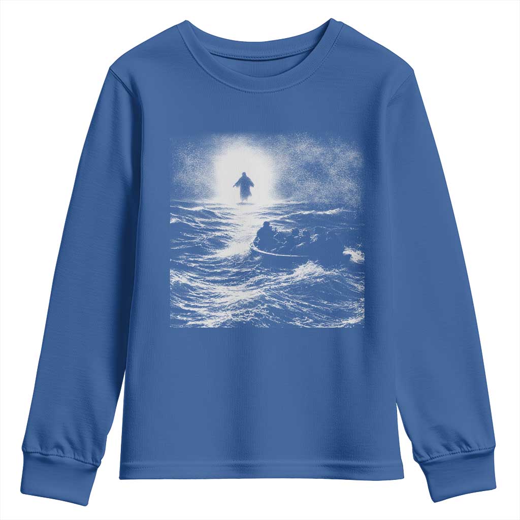Christian Faith Youth Sweatshirt Walk On Water Distressed Bible Verse TS10 Royal Blue Print Your Wear