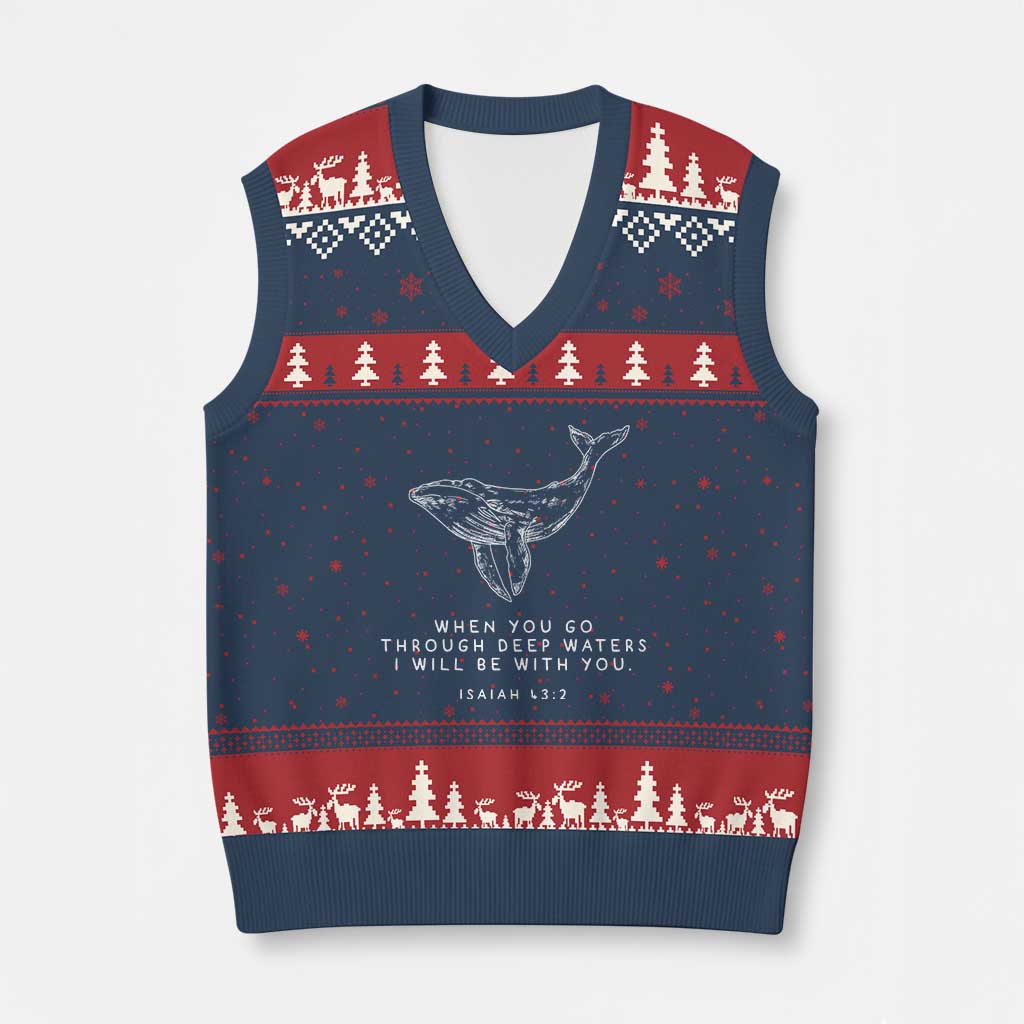 Christian Whale Shark V-Neck Knit Sweater Vest Isaiah 43 2 Bible Verse Faith Based TS10 Navy Red Print Your Wear