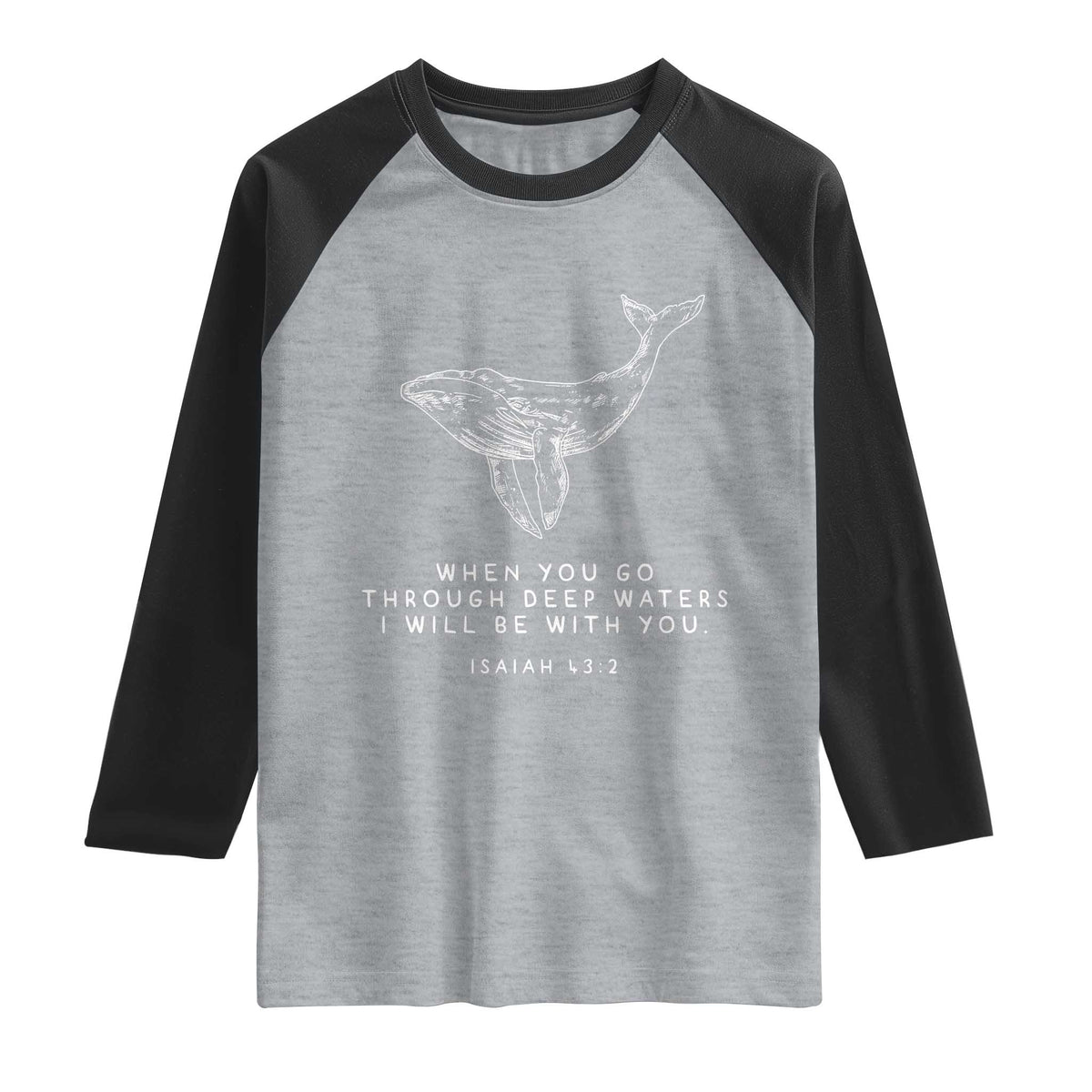 Christian Whale Shark Raglan Shirt Isaiah 43 2 Bible Verse Faith Based TS10 Heather Gray Black Print Your Wear