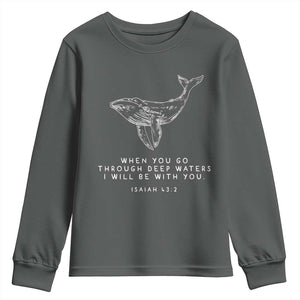 Christian Whale Shark Youth Sweatshirt Isaiah 43 2 Bible Verse Faith Based TS10 Dark Heather Print Your Wear