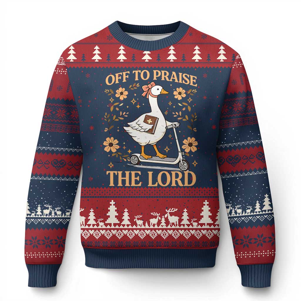 Funny Goose Christian Ugly Christmas Sweater Off To Praise The Lord Bible Verse Trendy Church TS10 Navy Red Print Your Wear