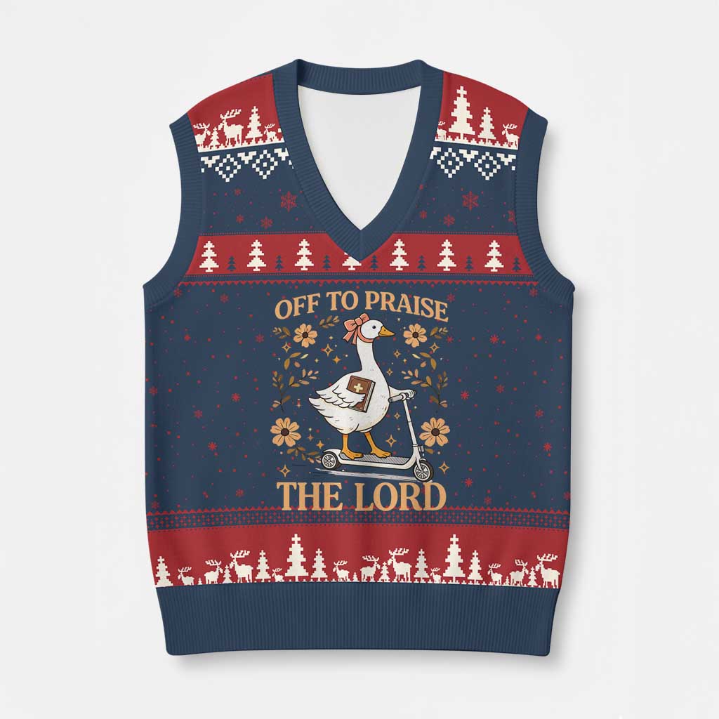 Funny Goose Christian V-Neck Knit Sweater Vest Off To Praise The Lord Bible Verse Trendy Church TS10 Navy Red Print Your Wear