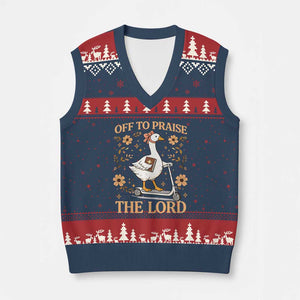 Funny Goose Christian V-Neck Knit Sweater Vest Off To Praise The Lord Bible Verse Trendy Church TS10 Navy Red Print Your Wear