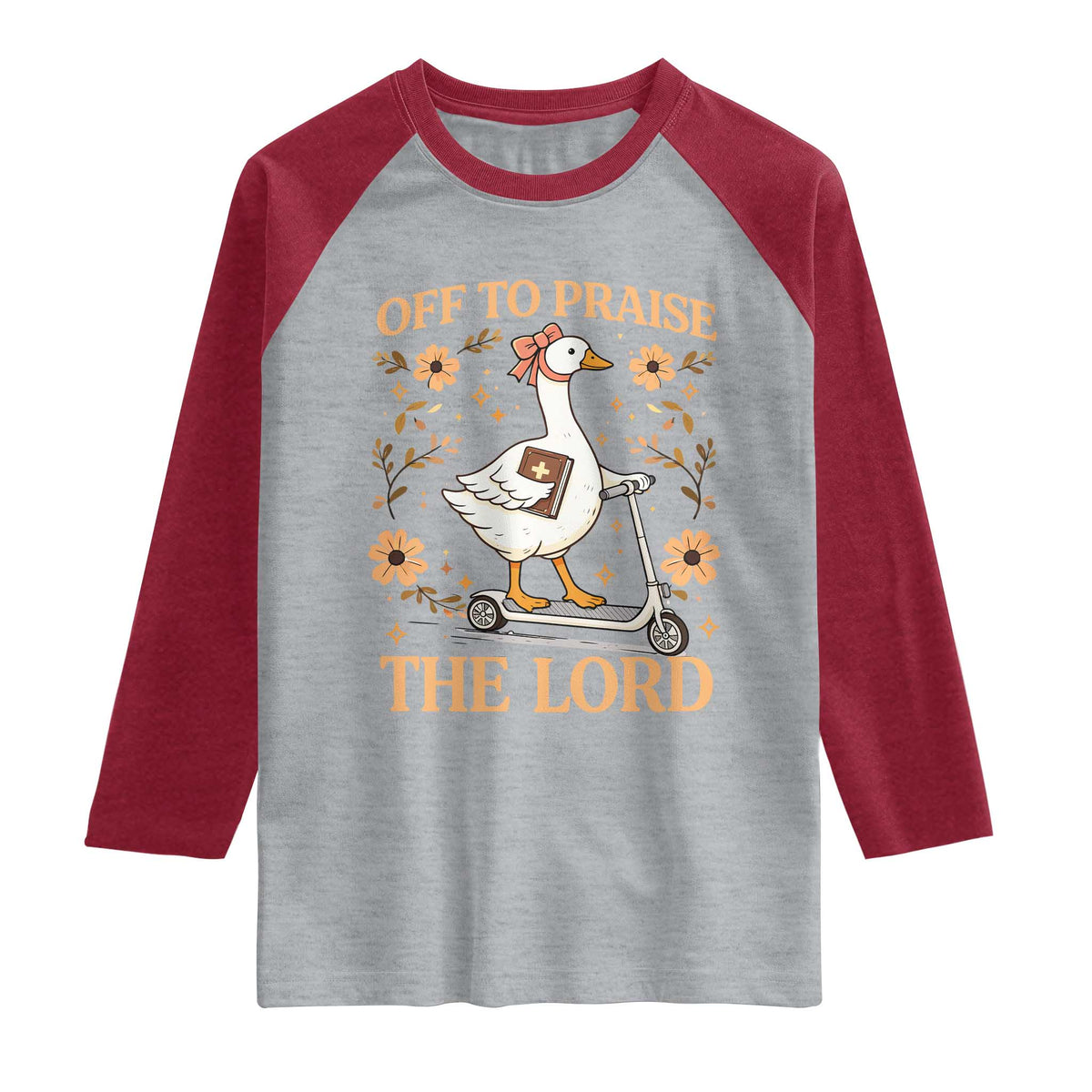 Funny Goose Christian Raglan Shirt Off To Praise The Lord Bible Verse Trendy Church TS10 Heather Gray Heather Red Print Your Wear