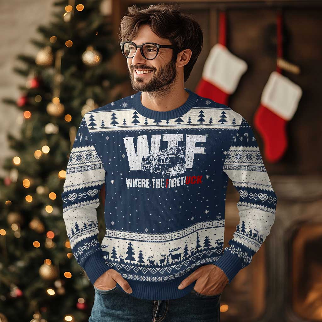Funny Firefighter Ugly Christmas Sweater WTF What The Firetruck Fireman Gift TS10 Navy Beige Print Your Wear