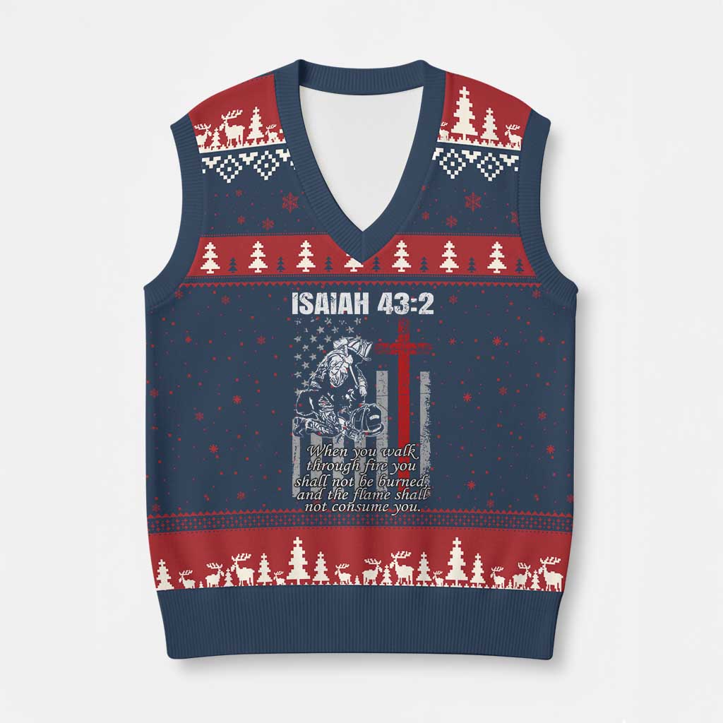 Isaiah 43 2 Firefighter V-Neck Knit Sweater Vest Fireman Prayer Cross Bible Verse American Flag TS10 Navy Red Print Your Wear