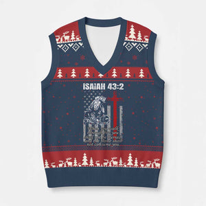 Isaiah 43 2 Firefighter V-Neck Knit Sweater Vest Fireman Prayer Cross Bible Verse American Flag TS10 Navy Red Print Your Wear