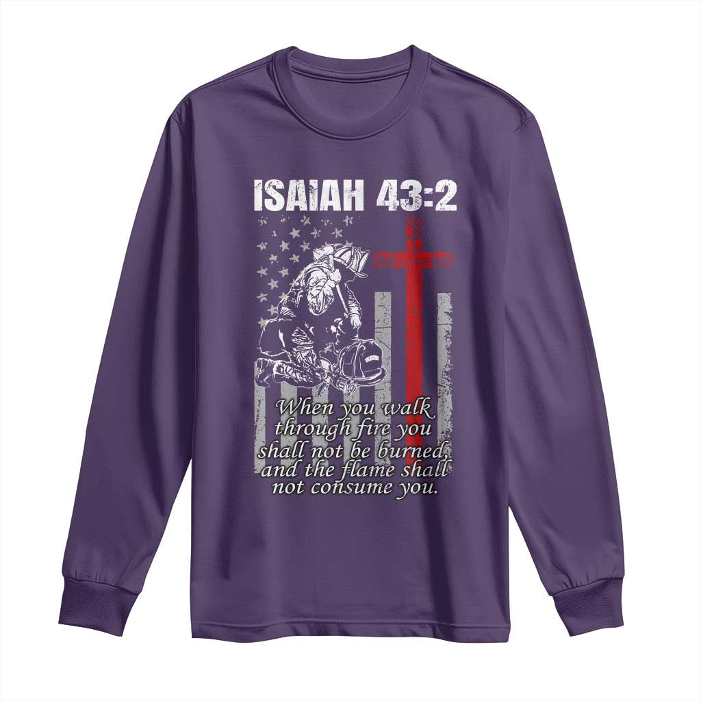 Isaiah 43 2 Firefighter Long Sleeve Shirt Fireman Prayer Cross Bible Verse American Flag TS10 Purple Print Your Wear