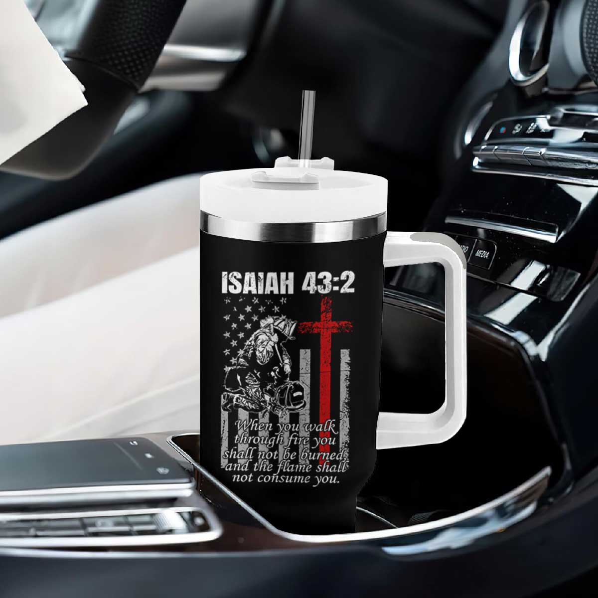 Isaiah 43 2 Firefighter Tumbler With Handle Fireman Prayer Cross Bible Verse American Flag TS10 Print Your Wear
