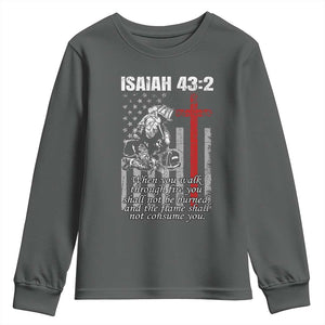 Isaiah 43 2 Firefighter Youth Sweatshirt Fireman Prayer Cross Bible Verse American Flag TS10 Dark Heather Print Your Wear